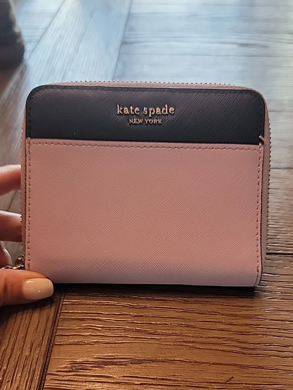 kate spade New York Lavender And Navy Saffiano Leather Zip Wallet with Key Ring